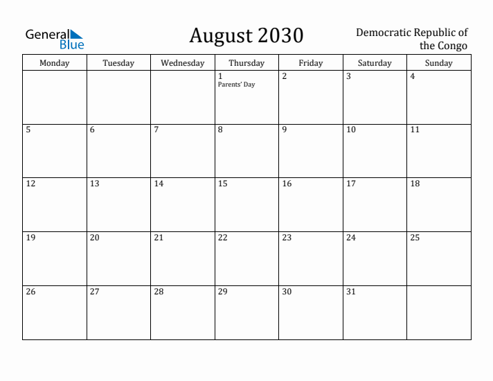 August 2030 Calendar Democratic Republic of the Congo