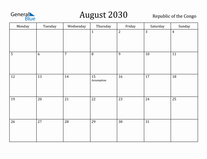 August 2030 Calendar Republic of the Congo