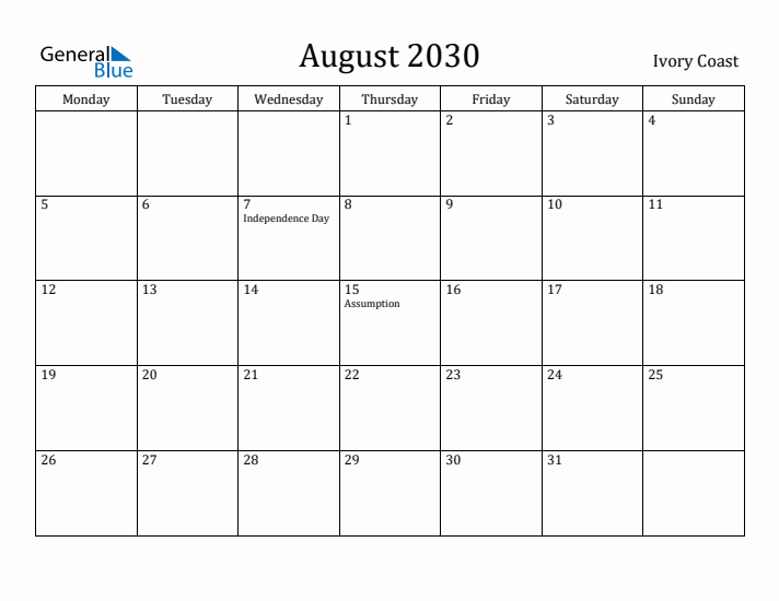 August 2030 Calendar Ivory Coast