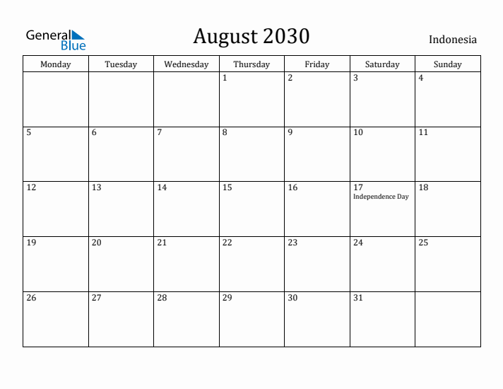 August 2030 Calendar Indonesia