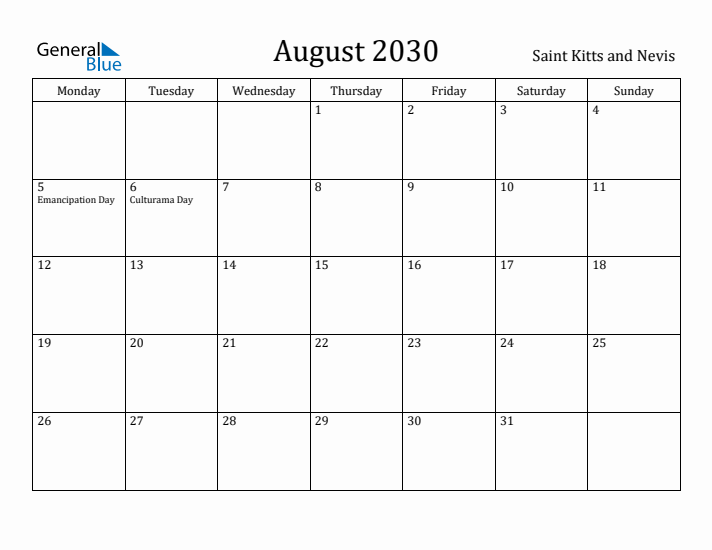August 2030 Calendar Saint Kitts and Nevis