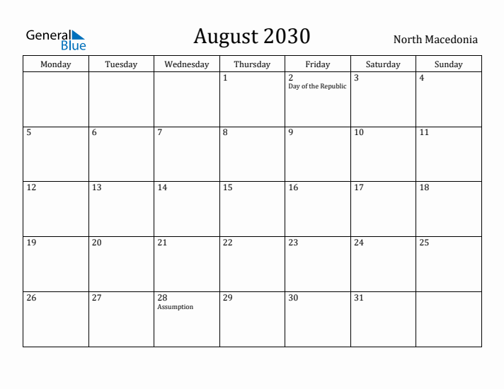 August 2030 Calendar North Macedonia