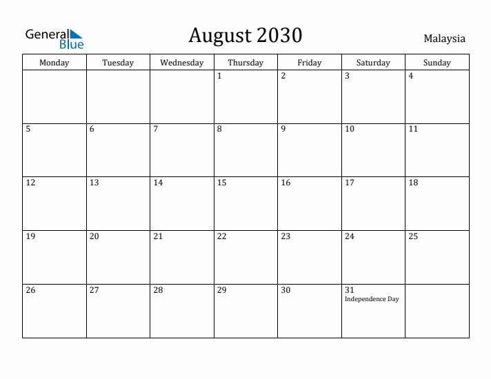 August 2030 Calendar Malaysia