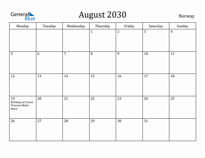 August 2030 Calendar Norway