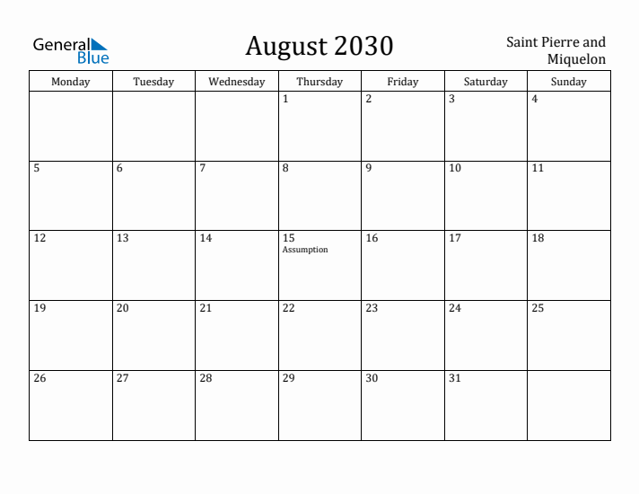 August 2030 Calendar Saint Pierre and Miquelon