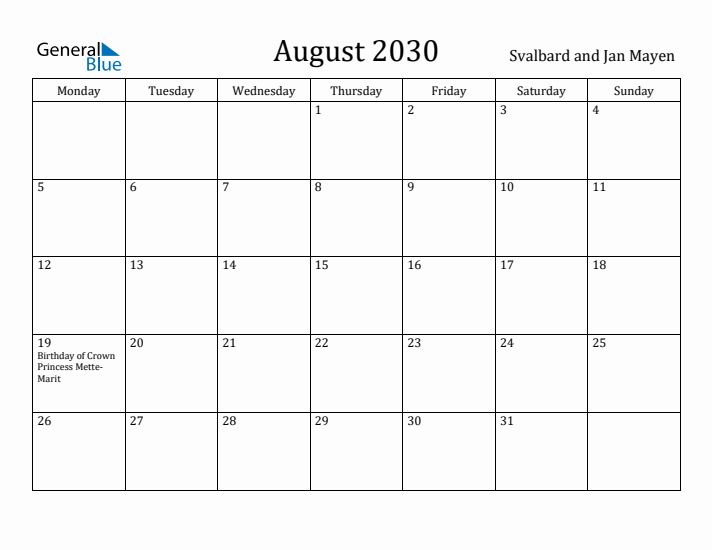 August 2030 Calendar Svalbard and Jan Mayen