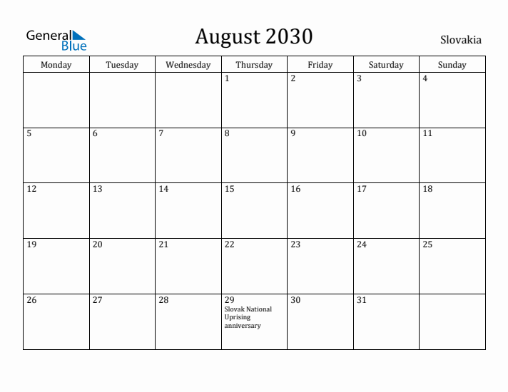 August 2030 Calendar Slovakia