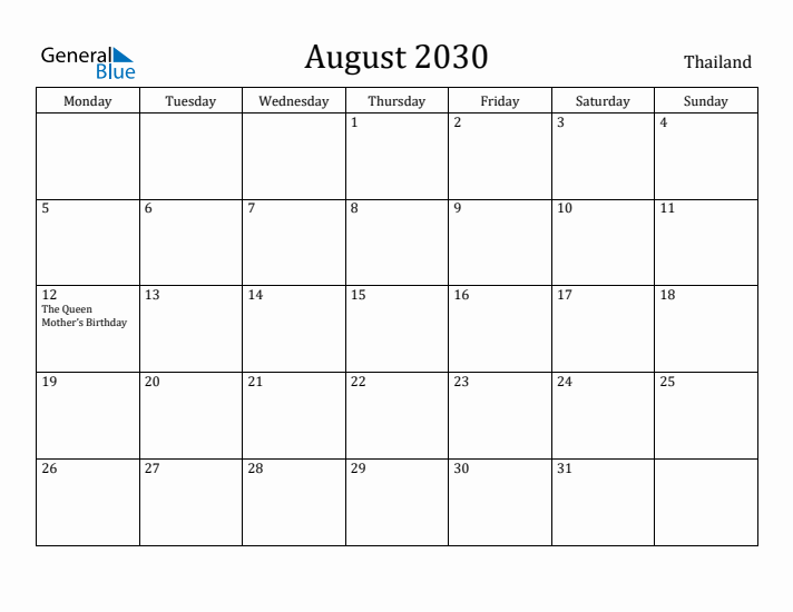 August 2030 Calendar Thailand