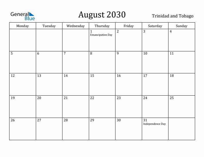 August 2030 Calendar Trinidad and Tobago