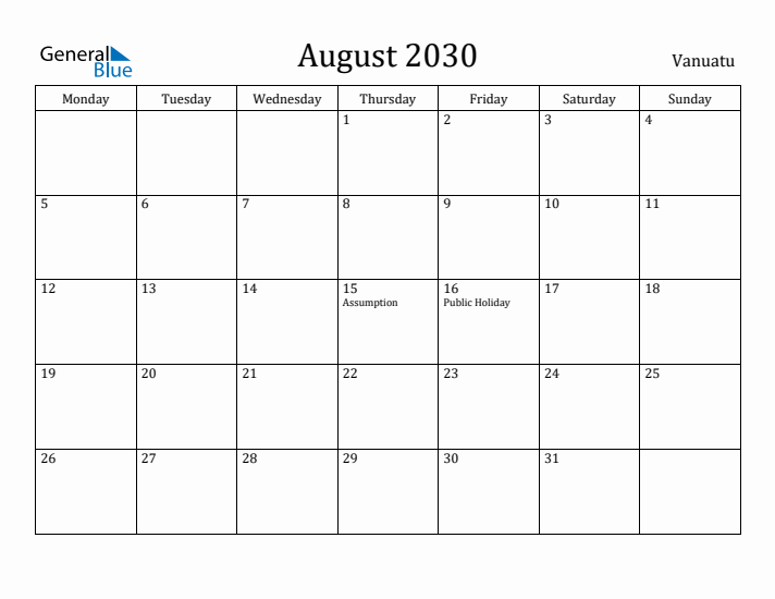 August 2030 Calendar Vanuatu