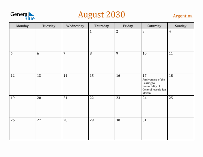 August 2030 Holiday Calendar with Monday Start