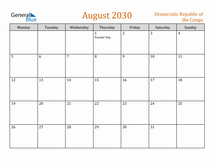 August 2030 Holiday Calendar with Monday Start