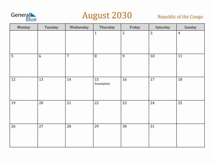 August 2030 Holiday Calendar with Monday Start