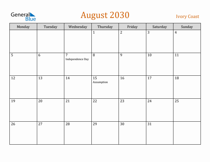 August 2030 Holiday Calendar with Monday Start