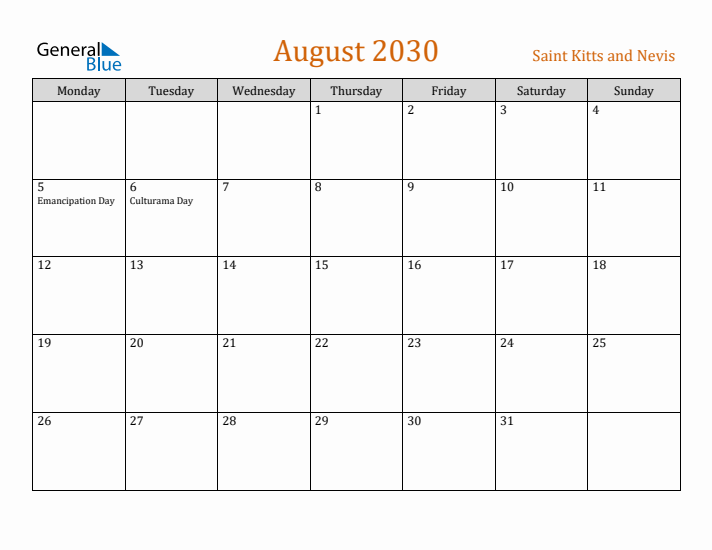 August 2030 Holiday Calendar with Monday Start