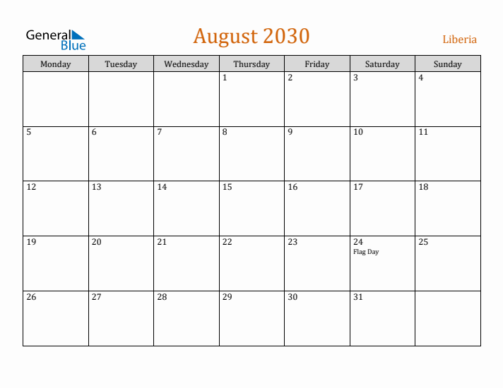 August 2030 Holiday Calendar with Monday Start