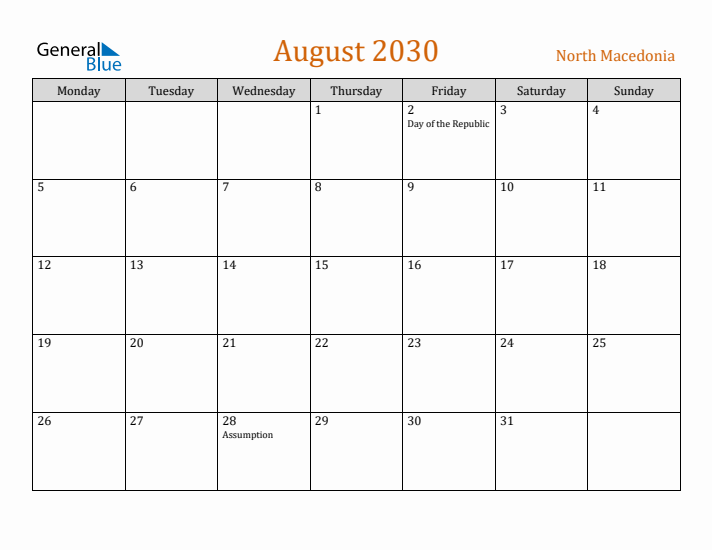 August 2030 Holiday Calendar with Monday Start