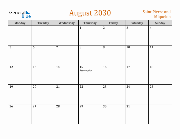 August 2030 Holiday Calendar with Monday Start