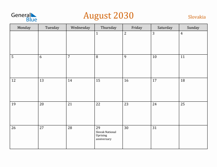 August 2030 Holiday Calendar with Monday Start