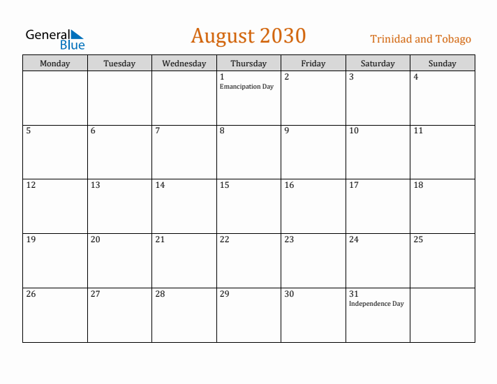 August 2030 Holiday Calendar with Monday Start