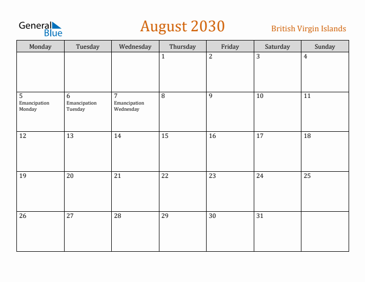 August 2030 Holiday Calendar with Monday Start