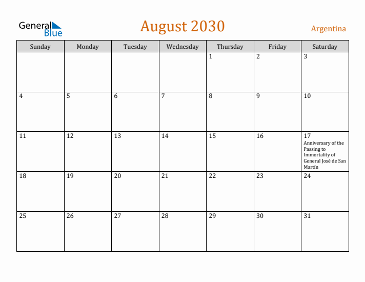 August 2030 Holiday Calendar with Sunday Start