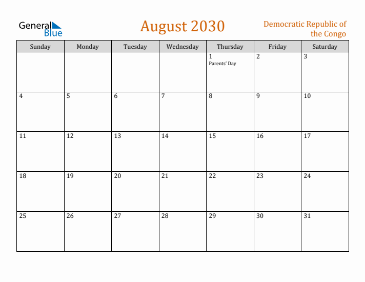 August 2030 Holiday Calendar with Sunday Start