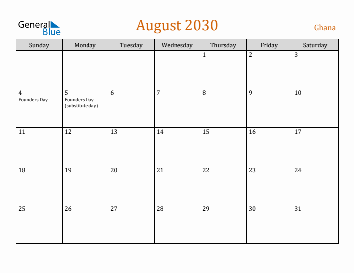August 2030 Holiday Calendar with Sunday Start