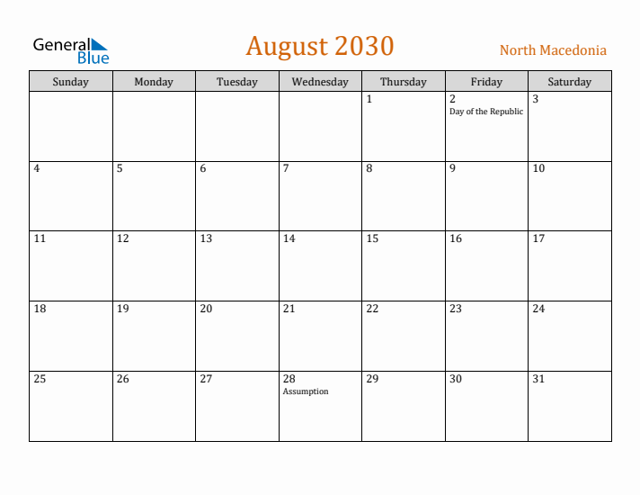 August 2030 Holiday Calendar with Sunday Start