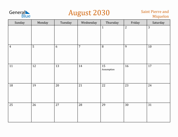 August 2030 Holiday Calendar with Sunday Start