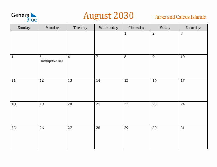 August 2030 Holiday Calendar with Sunday Start