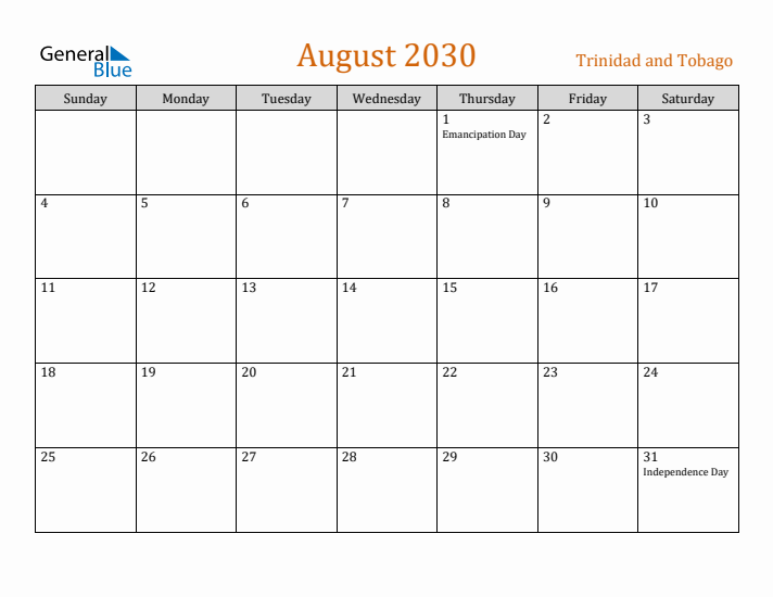August 2030 Holiday Calendar with Sunday Start