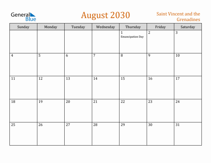 August 2030 Holiday Calendar with Sunday Start