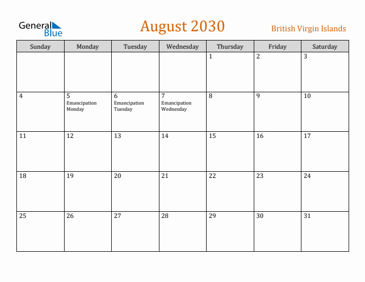 August 2030 Holiday Calendar with Sunday Start