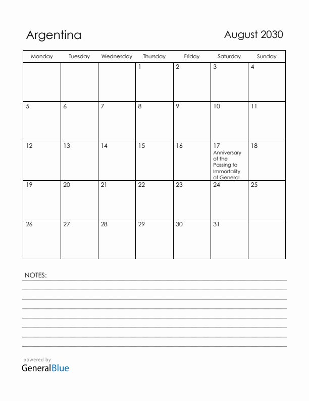 August 2030 Argentina Calendar with Holidays (Monday Start)