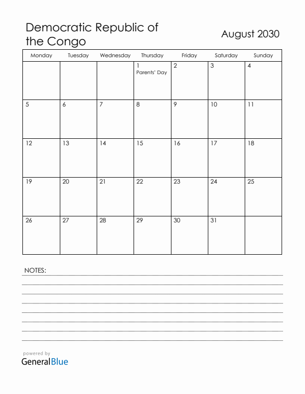 August 2030 Democratic Republic of the Congo Calendar with Holidays (Monday Start)