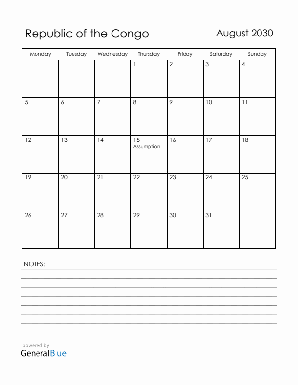 August 2030 Republic of the Congo Calendar with Holidays (Monday Start)