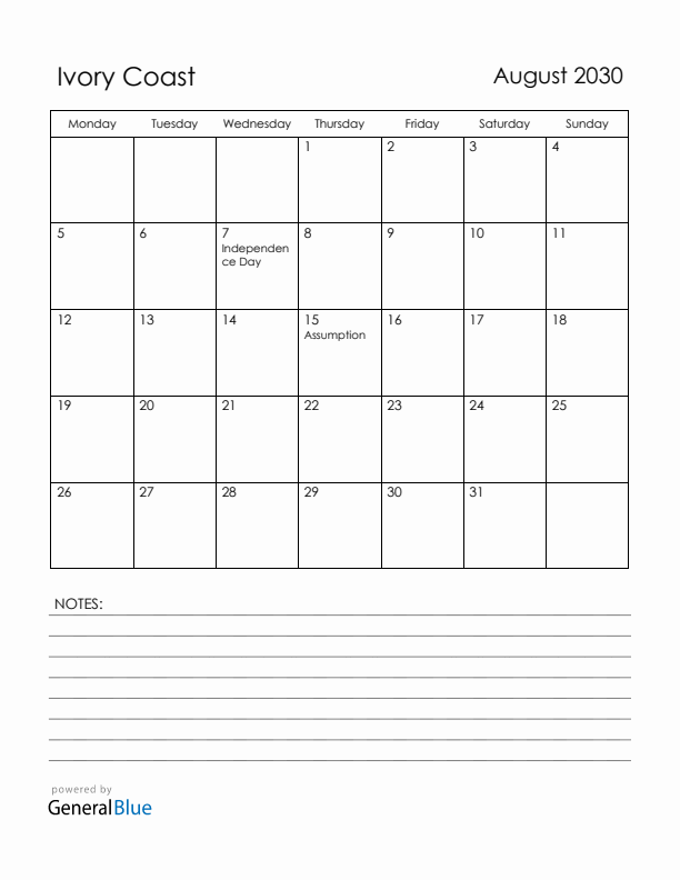 August 2030 Ivory Coast Calendar with Holidays (Monday Start)