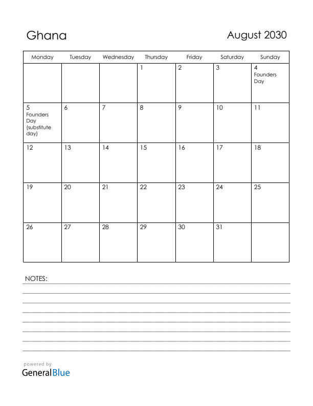 August 2030 Ghana Calendar with Holidays (Monday Start)