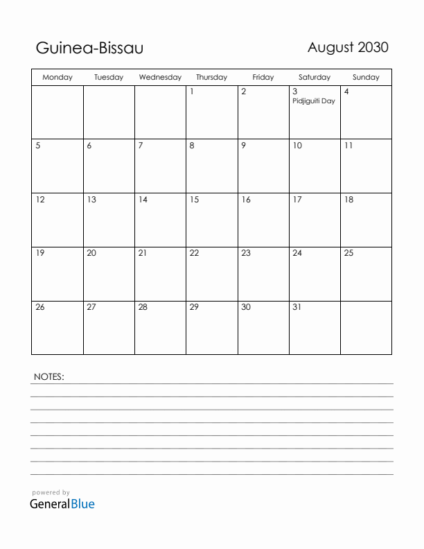 August 2030 Guinea-Bissau Calendar with Holidays (Monday Start)