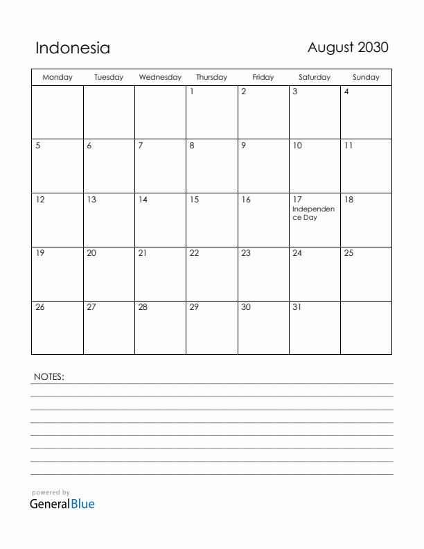 August 2030 Indonesia Calendar with Holidays (Monday Start)