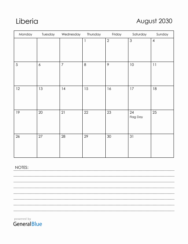 August 2030 Liberia Calendar with Holidays (Monday Start)