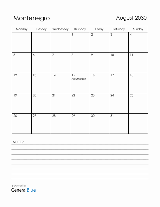 August 2030 Montenegro Calendar with Holidays (Monday Start)