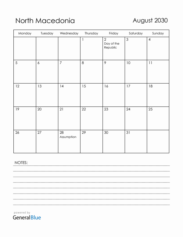 August 2030 North Macedonia Calendar with Holidays (Monday Start)