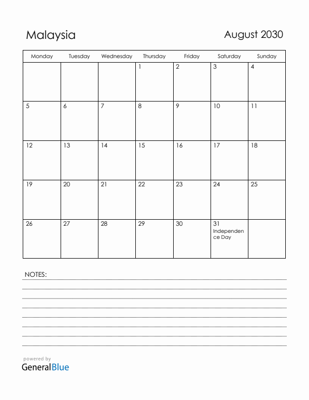 August 2030 Malaysia Calendar with Holidays (Monday Start)