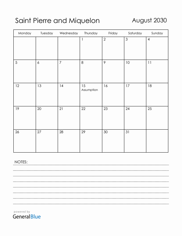 August 2030 Saint Pierre and Miquelon Calendar with Holidays (Monday Start)