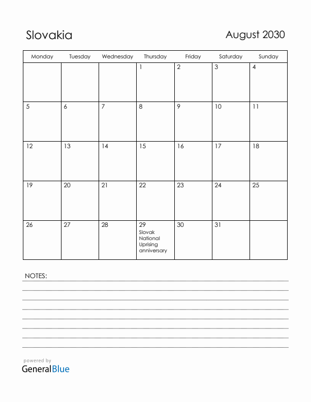 August 2030 Slovakia Calendar with Holidays (Monday Start)