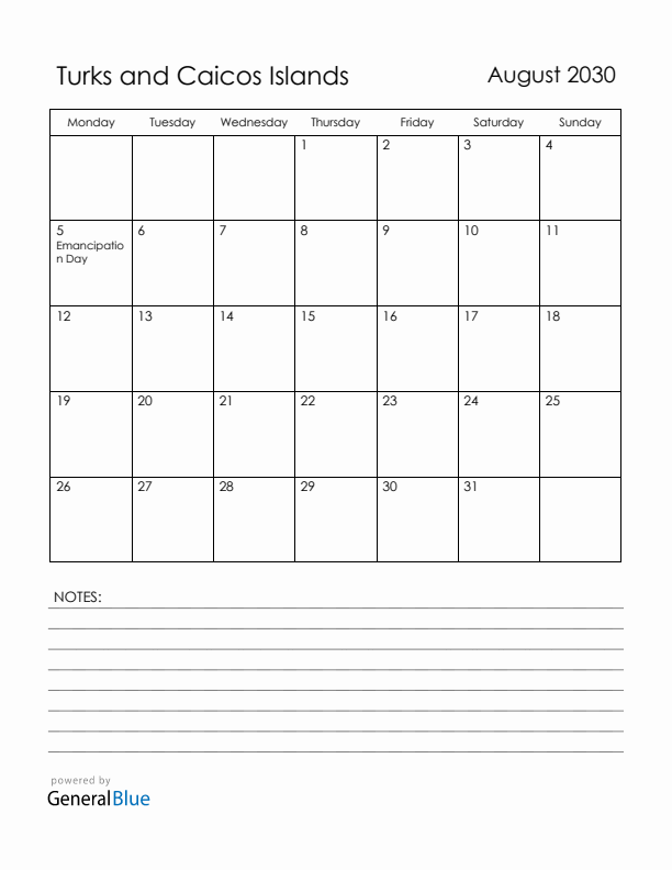 August 2030 Turks and Caicos Islands Calendar with Holidays (Monday Start)