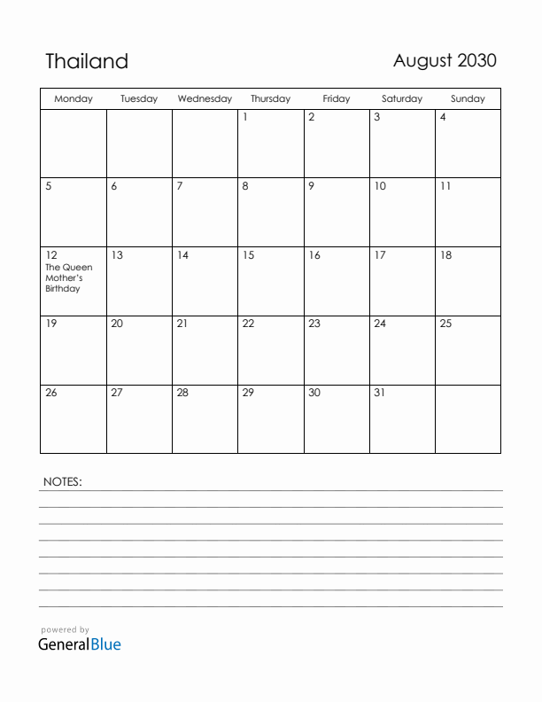August 2030 Thailand Calendar with Holidays (Monday Start)
