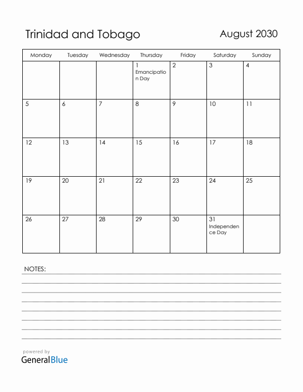 August 2030 Trinidad and Tobago Calendar with Holidays (Monday Start)